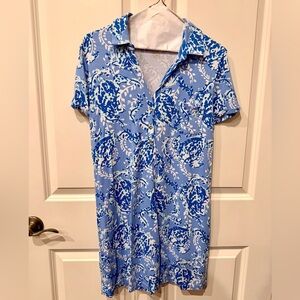 Lilly Pulitzer Sadie Polo Dress, Turtley Awesome blue and white turtle print, S